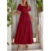 imagePRETTYGARDEN Womens Summer Puff Short Sleeve Maxi Dress Square Neck Smocked Tiered Ruffle A Line Long Flowy Beach DressesWine Red