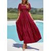 imagePRETTYGARDEN Womens Summer Puff Short Sleeve Maxi Dress Square Neck Smocked Tiered Ruffle A Line Long Flowy Beach DressesWine Red