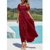 imagePRETTYGARDEN Womens Summer Puff Short Sleeve Maxi Dress Square Neck Smocked Tiered Ruffle A Line Long Flowy Beach DressesWine Red