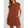 imagePRETTYGARDEN Womens Summer Short T Shirt Dress Cap Sleeve Crew Neck Casual Loose Basic Mini DressesCaramel