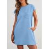 imagePRETTYGARDEN Womens Summer Short T Shirt Dress Cap Sleeve Crew Neck Casual Loose Basic Mini DressesLight Blue