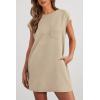 imagePRETTYGARDEN Womens Summer Short T Shirt Dress Cap Sleeve Crew Neck Casual Loose Basic Mini DressesLight Khaki