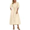 imagePRETTYGARDEN Summer Dresses for Women 2025 Elegant Classy Short Sleeve V Neck Ruffle A Line Belted Long Flowy Beach DressApricot