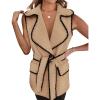 imagePRETTYGARDEN Womens 2025 Tweed Vest Jackets Sleeveless Lapel Button Front Belt Color Block Winter Cardigan OuterwearKhaki