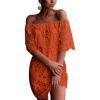 imagePRETTYGARDEN Womens Summer Off Shoulder Dresses Floral Lace Flare Short Sleeve Spring Vintage Elegant Mini DressBrick Red