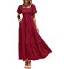 imagePRETTYGARDEN Womens Summer Puff Short Sleeve Maxi Dress Square Neck Smocked Tiered Ruffle A Line Long Flowy Beach DressesWine Red