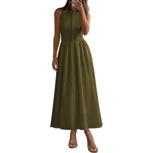 imagePRETTYGARDEN Maxi Dresses for Women 2025 Summer Casual Sleeveless Patchwork Flowy Vacation Sundress Knit Long Work Tank DressArmy Green