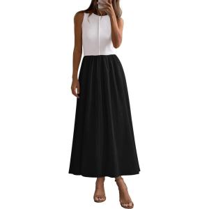 imagePRETTYGARDEN Maxi Dresses for Women 2025 Summer Casual Sleeveless Patchwork Flowy Vacation Sundress Knit Long Work Tank DressBlack White