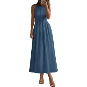 imagePRETTYGARDEN Maxi Dresses for Women 2025 Summer Casual Sleeveless Patchwork Flowy Vacation Sundress Knit Long Work Tank DressGrey Blue