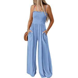 imagePRETTYGARDEN Rompers For Women Summer Dressy Casual One Piece Outfits Spaghetti Strap Wide Leg Beach Jumpsuits With Pockets Light BlueLarge