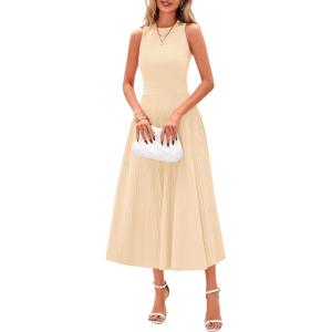 imagePRETTYGARDEN Spring Casual Dresses for Women 2025 Summer Business Work Midi Sleeveless A Line Pleated Cocktail DressApricot