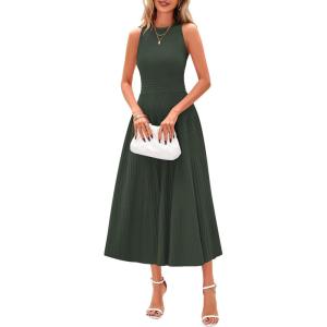 imagePRETTYGARDEN Spring Casual Dresses for Women 2025 Summer Business Work Midi Sleeveless A Line Pleated Cocktail DressArmy Green