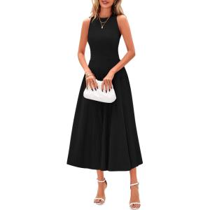 imagePRETTYGARDEN Spring Casual Dresses for Women 2025 Summer Business Work Midi Sleeveless A Line Pleated Cocktail DressBlack