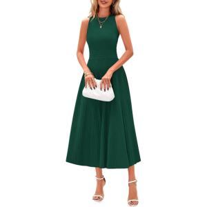 imagePRETTYGARDEN Spring Casual Dresses for Women 2025 Summer Business Work Midi Sleeveless A Line Pleated Cocktail DressDark Green