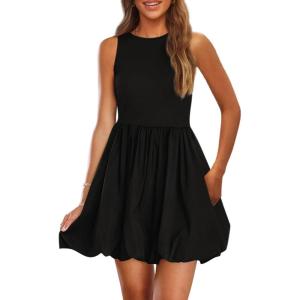 imagePRETTYGARDEN Summer Dresses for Women 2025 Casual Sleeveless Tank Mini Short Dress Crew Neck Bubble Sundress with PocketsBlack