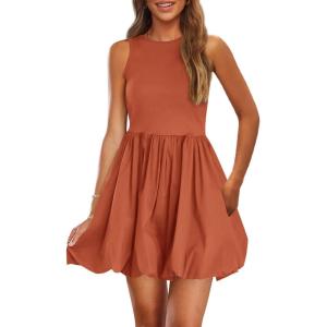 imagePRETTYGARDEN Summer Dresses for Women 2025 Casual Sleeveless Tank Mini Short Dress Crew Neck Bubble Sundress with PocketsOrange