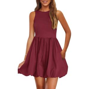 imagePRETTYGARDEN Summer Dresses for Women 2025 Casual Sleeveless Tank Mini Short Dress Crew Neck Bubble Sundress with PocketsWine Red