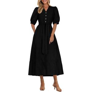 imagePRETTYGARDEN Summer Dresses for Women 2025 Elegant Classy Short Sleeve V Neck Ruffle A Line Belted Long Flowy Beach DressBlack