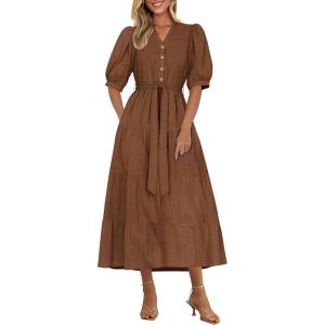 imagePRETTYGARDEN Summer Dresses for Women 2025 Elegant Classy Short Sleeve V Neck Ruffle A Line Belted Long Flowy Beach DressCoffee