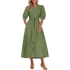 imagePRETTYGARDEN Summer Dresses for Women 2025 Elegant Classy Short Sleeve V Neck Ruffle A Line Belted Long Flowy Beach DressCyan