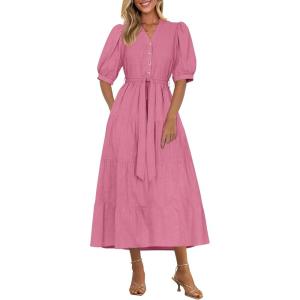 imagePRETTYGARDEN Summer Dresses for Women 2025 Elegant Classy Short Sleeve V Neck Ruffle A Line Belted Long Flowy Beach DressDark Pink
