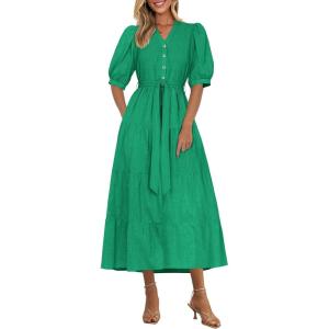imagePRETTYGARDEN Summer Dresses for Women 2025 Elegant Classy Short Sleeve V Neck Ruffle A Line Belted Long Flowy Beach DressGreen