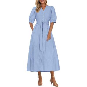 imagePRETTYGARDEN Summer Dresses for Women 2025 Elegant Classy Short Sleeve V Neck Ruffle A Line Belted Long Flowy Beach DressLight Blue