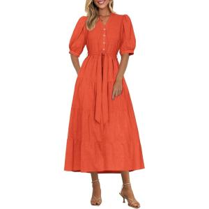 imagePRETTYGARDEN Summer Dresses for Women 2025 Elegant Classy Short Sleeve V Neck Ruffle A Line Belted Long Flowy Beach DressOrange