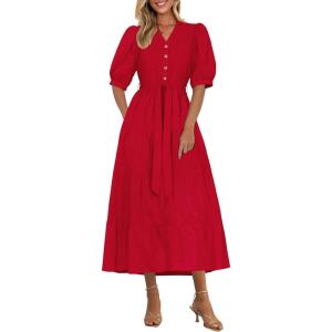 imagePRETTYGARDEN Summer Dresses for Women 2025 Elegant Classy Short Sleeve V Neck Ruffle A Line Belted Long Flowy Beach DressRed