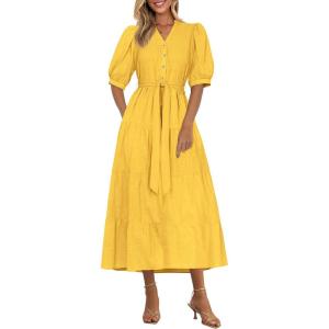 imagePRETTYGARDEN Summer Dresses for Women 2025 Elegant Classy Short Sleeve V Neck Ruffle A Line Belted Long Flowy Beach DressYellow