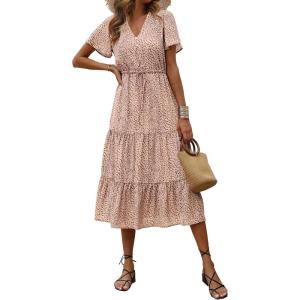 imagePRETTYGARDEN Summer Floral Dress for Women 2025 Casual Boho Short Sleeve Maxi Dresses V Neck Tiered Flowy Beach SundressApricot