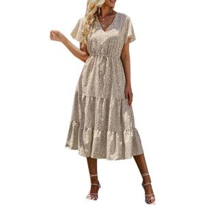 imagePRETTYGARDEN Summer Floral Dress for Women 2025 Casual Boho Short Sleeve Maxi Dresses V Neck Tiered Flowy Beach SundressApricot Leopard