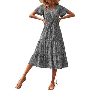 imagePRETTYGARDEN Summer Floral Dress for Women 2025 Casual Boho Short Sleeve Maxi Dresses V Neck Tiered Flowy Beach SundressBlack Floral