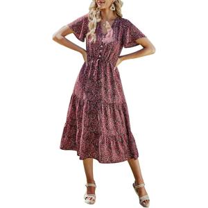 imagePRETTYGARDEN Summer Floral Dress for Women 2025 Casual Boho Short Sleeve Maxi Dresses V Neck Tiered Flowy Beach SundressBlack Red Floral