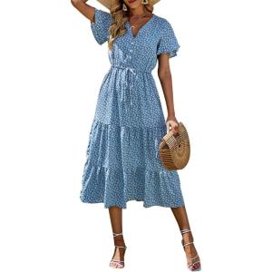 imagePRETTYGARDEN Summer Floral Dress for Women 2025 Casual Boho Short Sleeve Maxi Dresses V Neck Tiered Flowy Beach SundressBlue