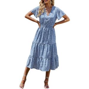 imagePRETTYGARDEN Summer Floral Dress for Women 2025 Casual Boho Short Sleeve Maxi Dresses V Neck Tiered Flowy Beach SundressBlue White Floral