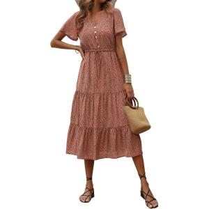 imagePRETTYGARDEN Summer Floral Dress for Women 2025 Casual Boho Short Sleeve Maxi Dresses V Neck Tiered Flowy Beach SundressBrick Red