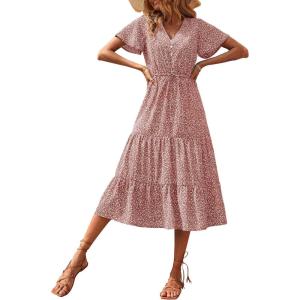imagePRETTYGARDEN Summer Floral Dress for Women 2025 Casual Boho Short Sleeve Maxi Dresses V Neck Tiered Flowy Beach SundressBrick Red Floral