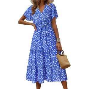 imagePRETTYGARDEN Summer Floral Dress for Women 2025 Casual Boho Short Sleeve Maxi Dresses V Neck Tiered Flowy Beach SundressDark Blue