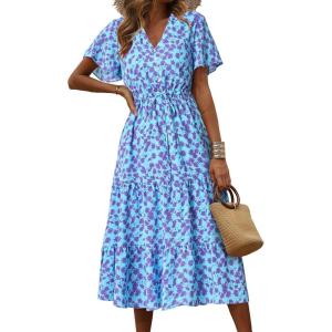 imagePRETTYGARDEN Summer Floral Dress for Women 2025 Casual Boho Short Sleeve Maxi Dresses V Neck Tiered Flowy Beach SundressLight Blue Purple Floral