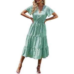 imagePRETTYGARDEN Summer Floral Dress for Women 2025 Casual Boho Short Sleeve Maxi Dresses V Neck Tiered Flowy Beach SundressLight Green