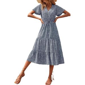 imagePRETTYGARDEN Summer Floral Dress for Women 2025 Casual Boho Short Sleeve Maxi Dresses V Neck Tiered Flowy Beach SundressNavy Floral