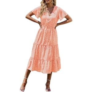 imagePRETTYGARDEN Summer Floral Dress for Women 2025 Casual Boho Short Sleeve Maxi Dresses V Neck Tiered Flowy Beach SundressOrange Yellow