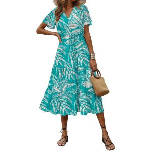 imagePRETTYGARDEN Summer Floral Dress for Women 2025 Casual Boho Short Sleeve Maxi Dresses V Neck Tiered Flowy Beach SundressPrint Blue