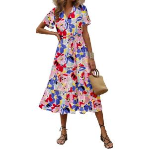 imagePRETTYGARDEN Summer Floral Dress for Women 2025 Casual Boho Short Sleeve Maxi Dresses V Neck Tiered Flowy Beach SundressPrint Multicolored