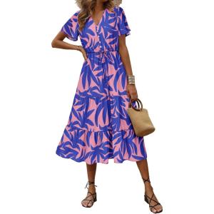 imagePRETTYGARDEN Summer Floral Dress for Women 2025 Casual Boho Short Sleeve Maxi Dresses V Neck Tiered Flowy Beach SundressPrint Pink Purple
