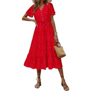 imagePRETTYGARDEN Summer Floral Dress for Women 2025 Casual Boho Short Sleeve Maxi Dresses V Neck Tiered Flowy Beach SundressPrint Red