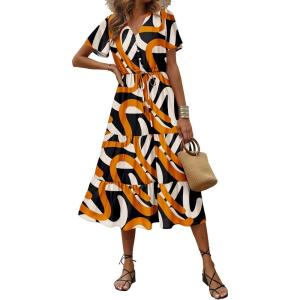 imagePRETTYGARDEN Summer Floral Dress for Women 2025 Casual Boho Short Sleeve Maxi Dresses V Neck Tiered Flowy Beach SundressPrint Yellow White