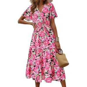 imagePRETTYGARDEN Summer Floral Dress for Women 2025 Casual Boho Short Sleeve Maxi Dresses V Neck Tiered Flowy Beach SundressRed