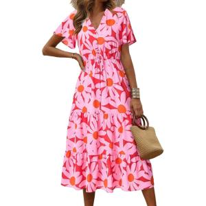 imagePRETTYGARDEN Summer Floral Dress for Women 2025 Casual Boho Short Sleeve Maxi Dresses V Neck Tiered Flowy Beach SundressRed Floral